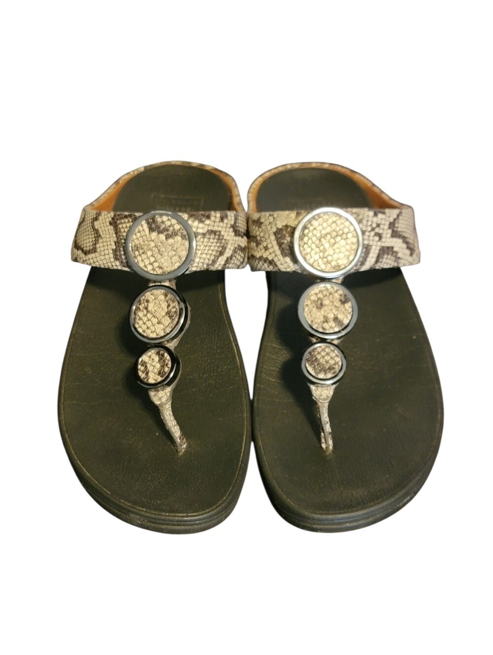 FITFLOP Womens Leather Halo Toe Post Wedges Thong Sandals Taupe Snake Skin 7 - Picture 2 of 7